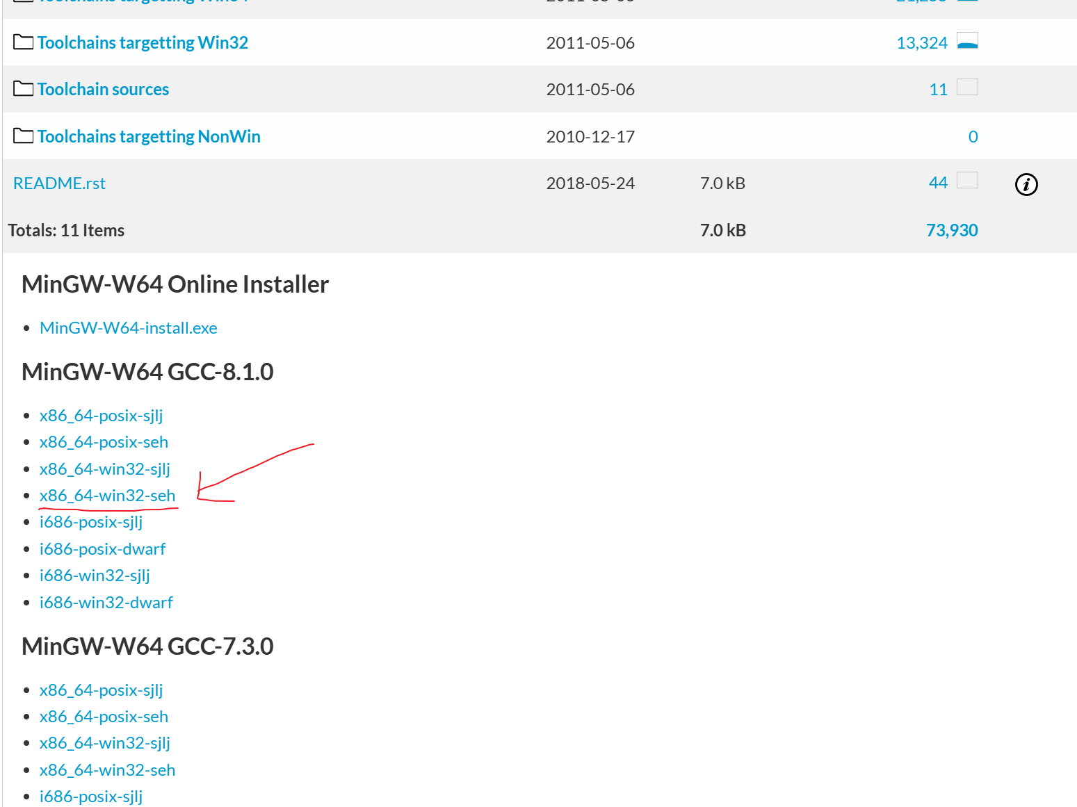 SourceForge 上的 MinGW-w64 下载版本列表