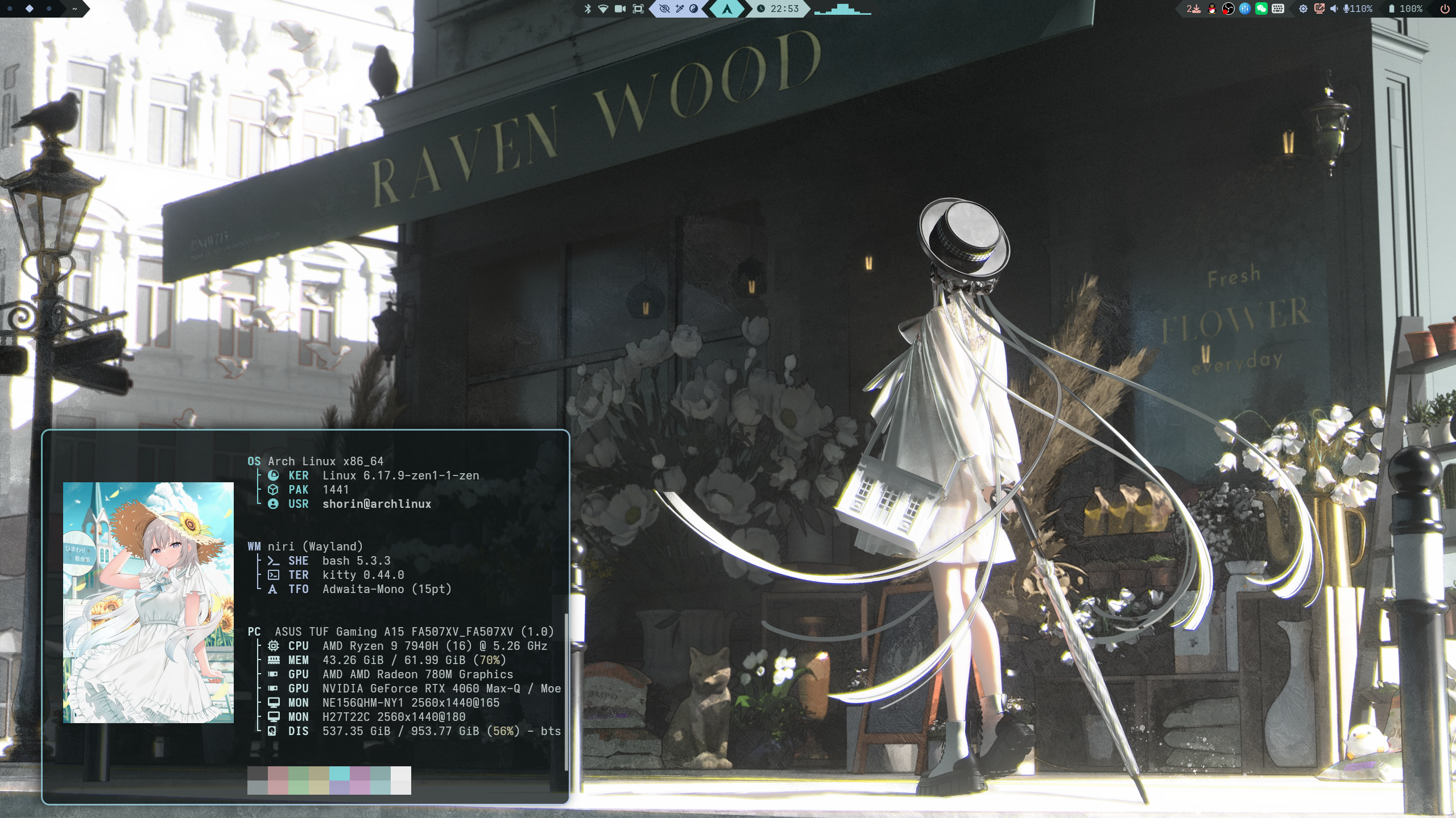 Arch Linux Niri 桌面环境中的 Waybar 顶栏