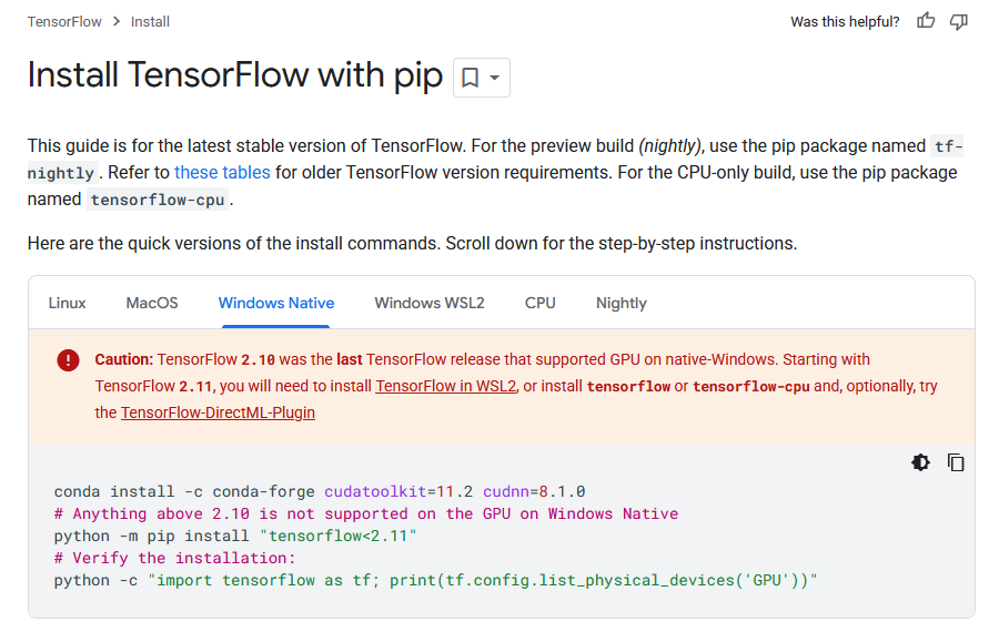 在 Windows 环境中安装 TensorFlow GPU 依赖的命令行示例