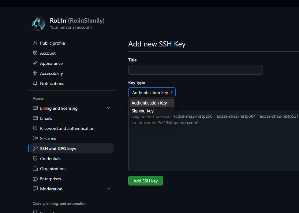 GitHub 将 SSH 公钥添加为签名密钥的设置页面