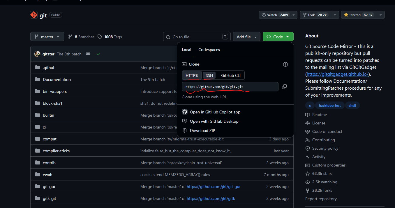 GitHub 克隆菜单中的 HTTPS 与 SSH 地址选项